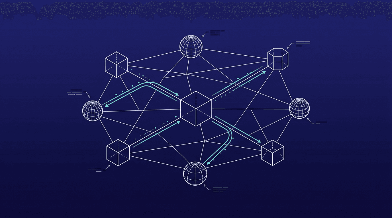 Wireframe network of nodes with one larger anchor node and turquoise pulse lines, representing AI owned by one place in the organisation