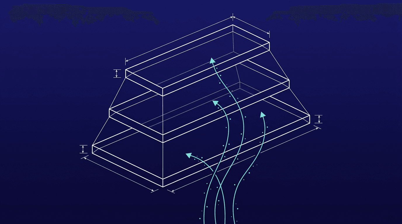 Wireframe blueprint of three stacked tiers with diverging turquoise streams, representing Microsoft Copilot as a layer inside Microsoft 365