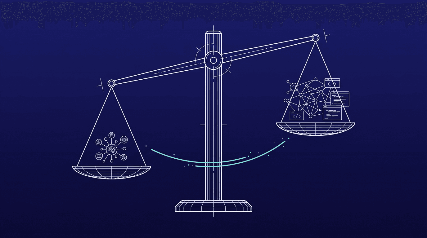 Wireframe balance scale weighing ChatGPT, Claude and Copilot against each other, turquoise pulse arc on navy