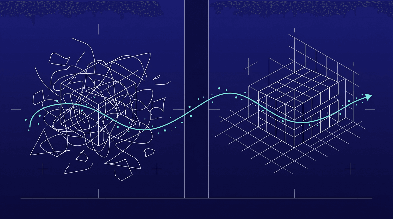 Wireframe-diptiek in twee panelen: een warrige, chaotische staat links die rechts verandert in een geordend raster, met een turquoise stroom ertussen.