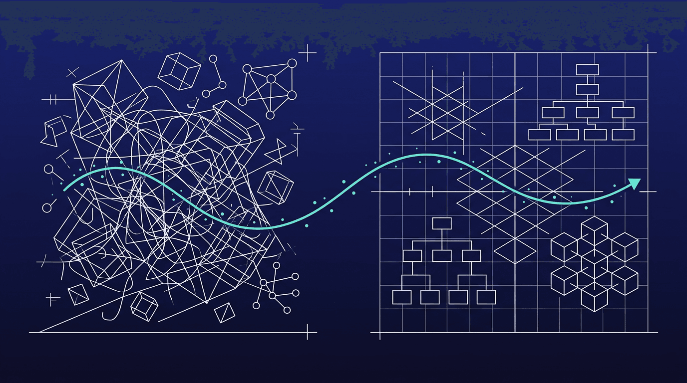 Wireframe diptych: a tangle of loose lines on the left, an aligned grid on the right, with a turquoise stream crossing from left to right