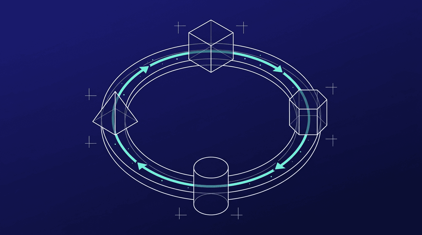 Wireframe cycle of four stations in a closed loop, with a turquoise stream flowing clockwise around it