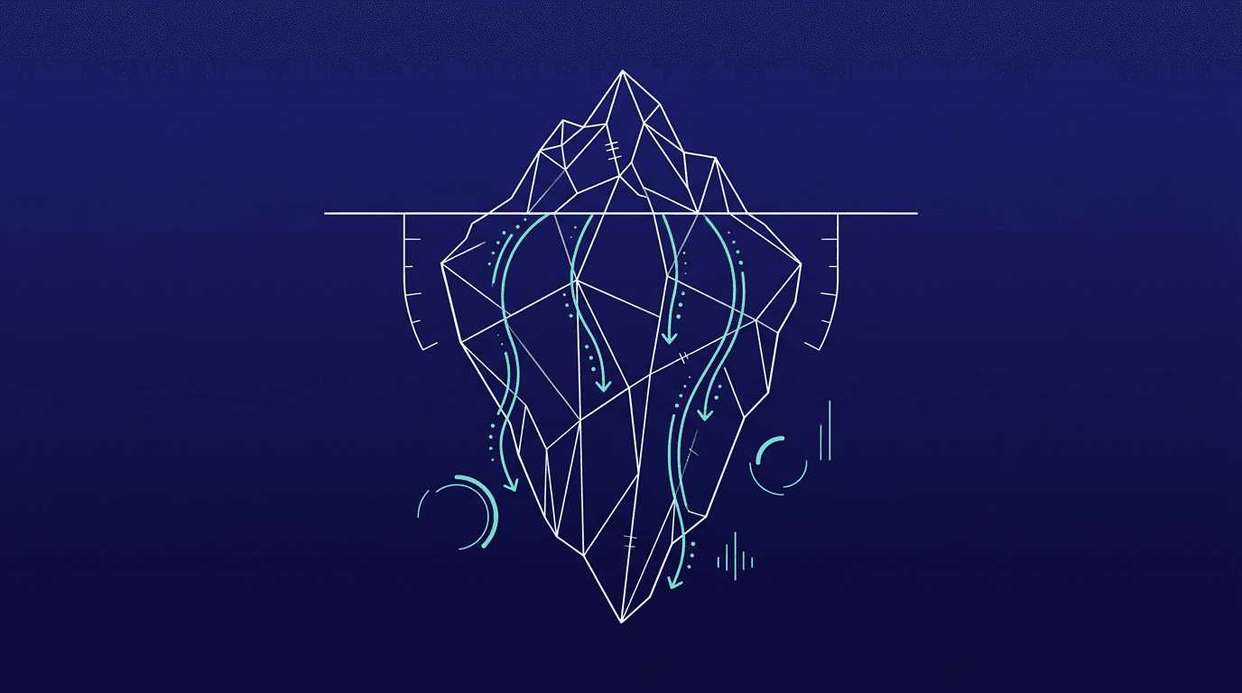 Wireframe iceberg with a small visible tip above the waterline and a much larger hidden body below, illustrating the visible and hidden costs of open source AI