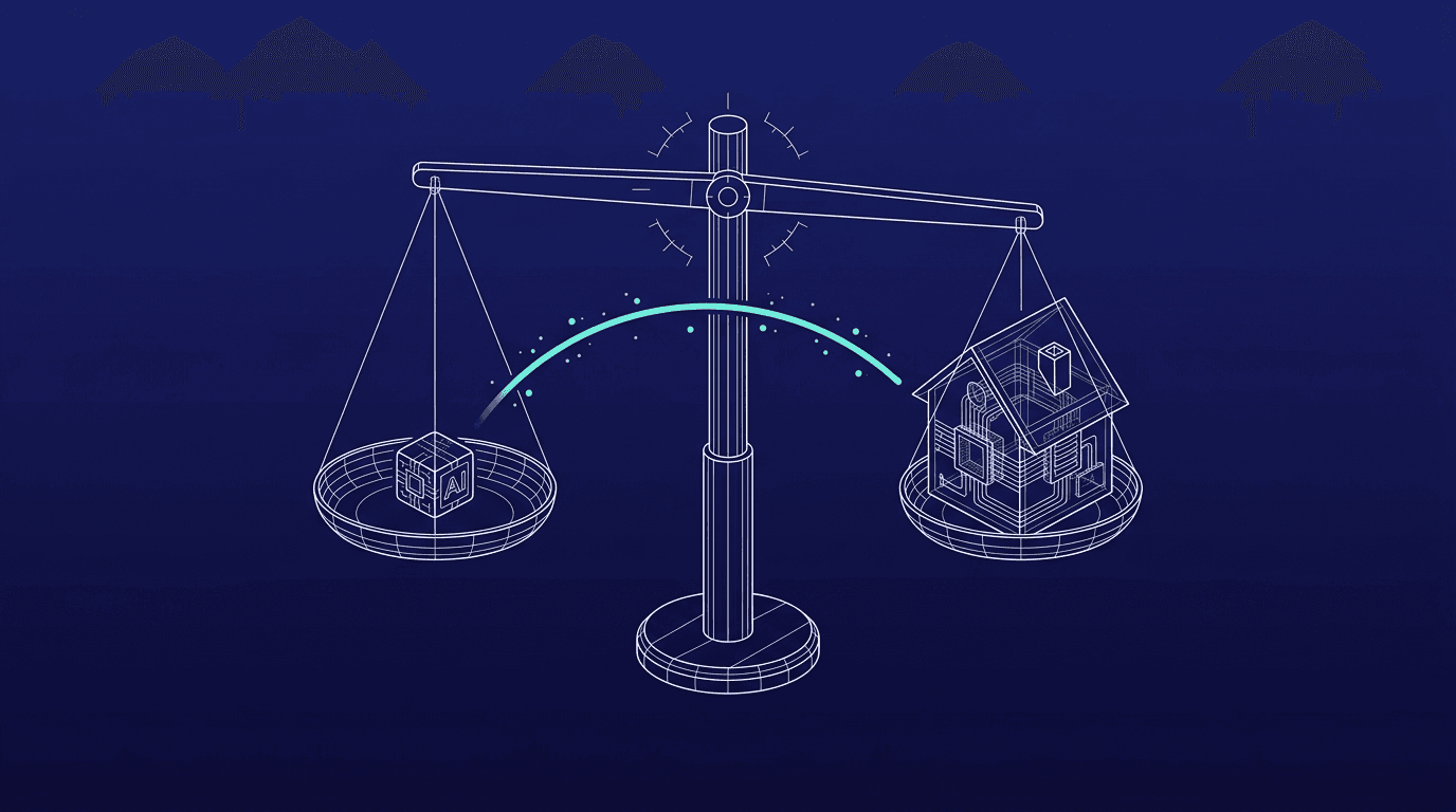 Wireframe balance scale weighing a small object against a wireframe house, illustrating the trade-off between a closed AI tool and keeping data in-house