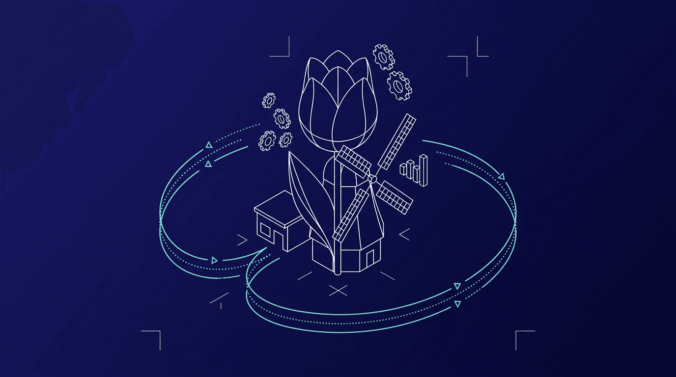 Isometric white-line diagram with four steps for AI transformation: Strategie (Strategy — clipboard), Maatwerk (Custom build — workbench with blueprint), Cultuur (Culture — team of people), and Impact (office building), connected by a turquoise pulse line.