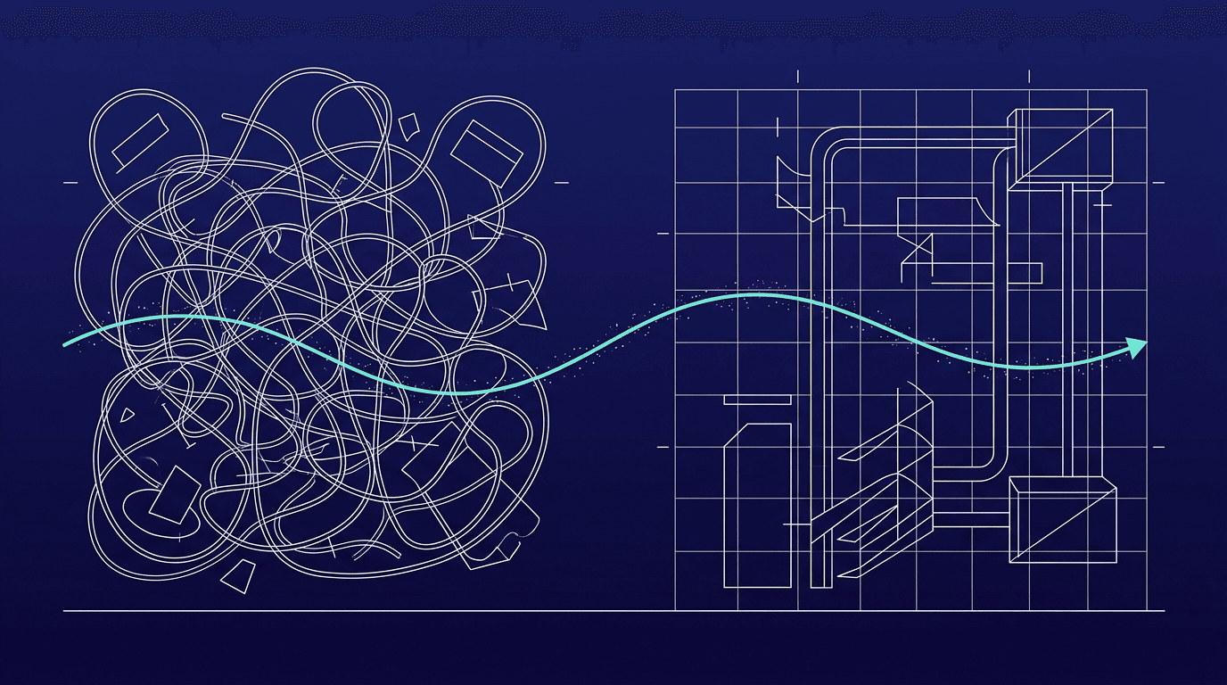 Wireframe diptych: on the left a messy process merely sped up, on the right the same process rebuilt with AI as the starting point.