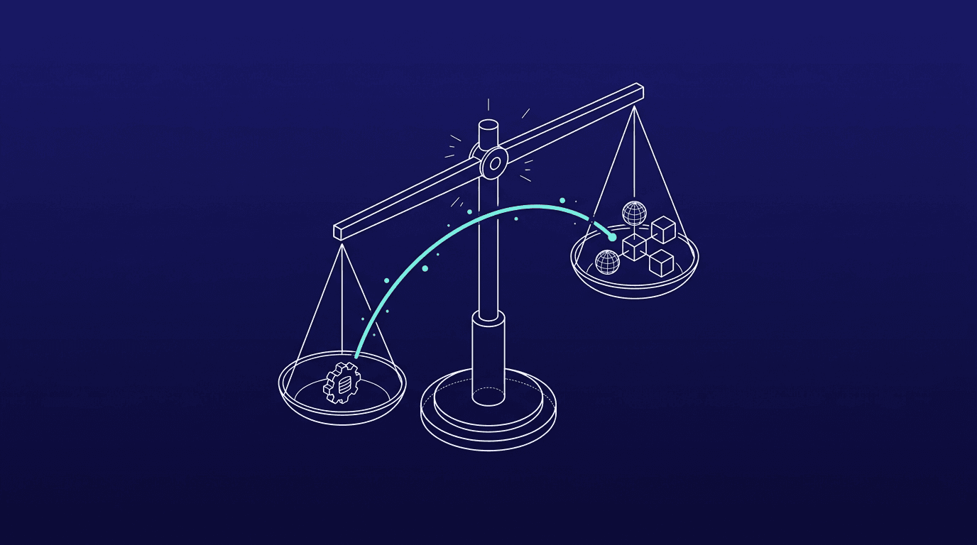 Wireframe weegschaal die twee processen tegen elkaar afweegt op tijdwinst en haalbaarheid
