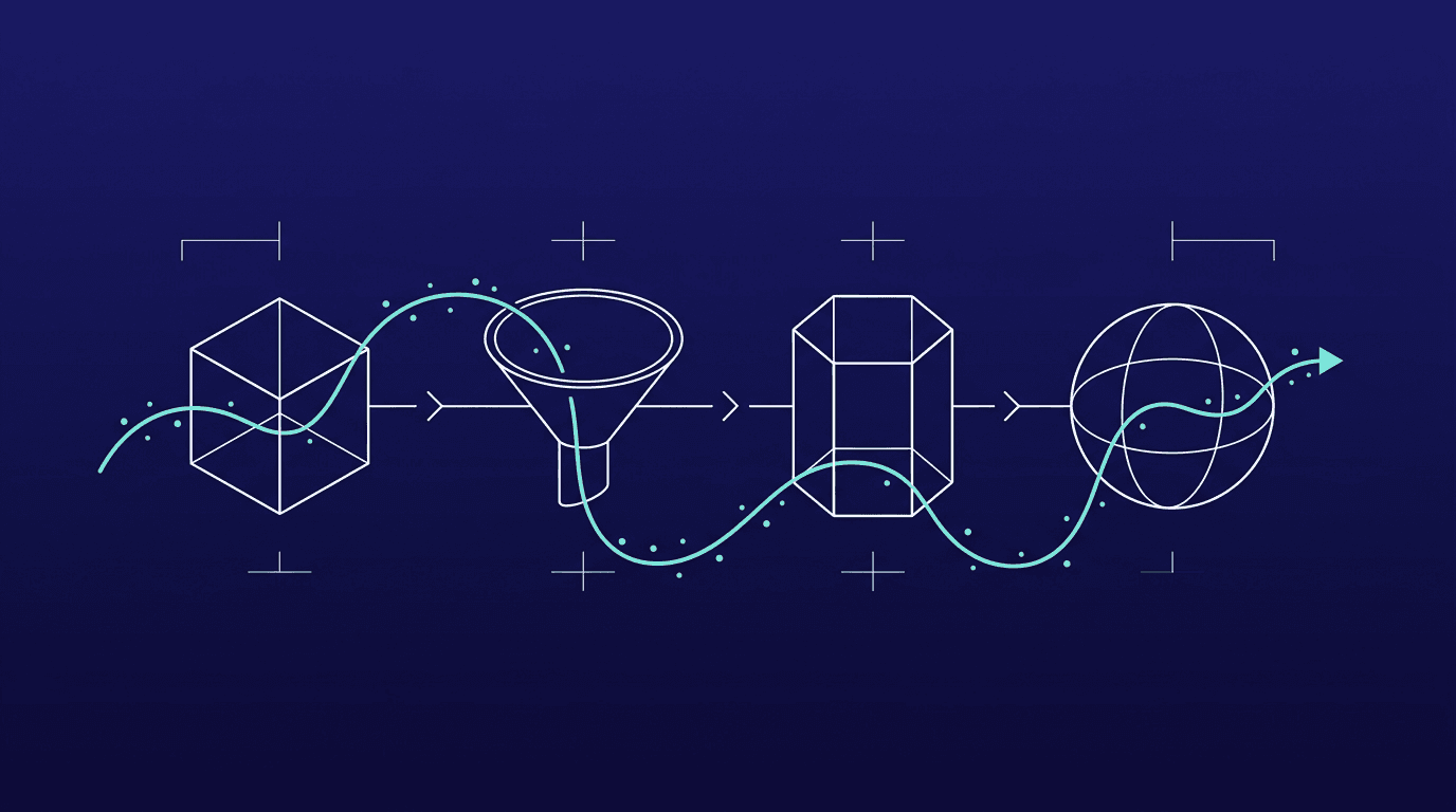 Wireframe-illustratie van een pijplijn met vier stappen, beeld voor klein beginnen met een AI-taak en stap voor stap uitbouwen