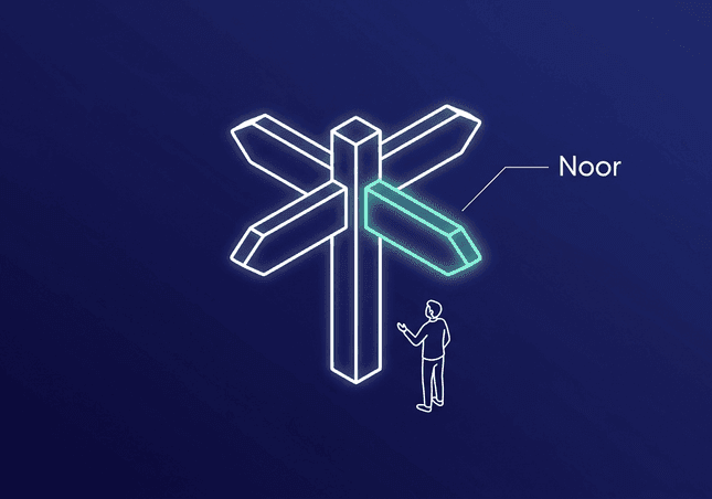Line drawing of a signpost with one arm lit up and labelled Noor, with a person looking up at it