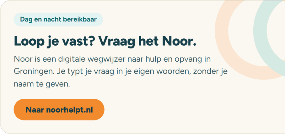 Noor banner with the Dutch heading 'Loop je vast? Vraag het Noor.' and an orange button to noorhelpt.nl