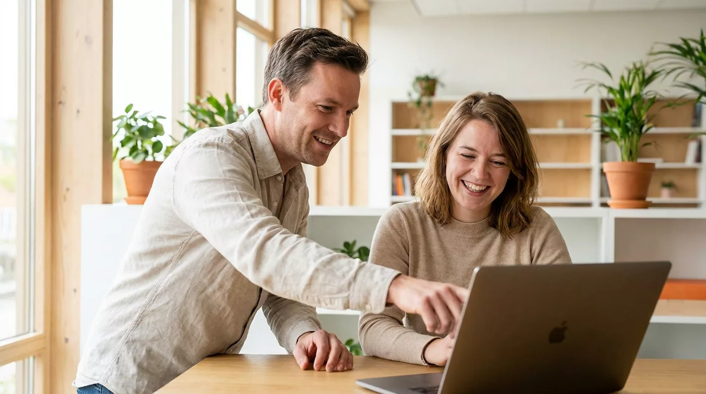 Two colleagues refining content together on a laptop