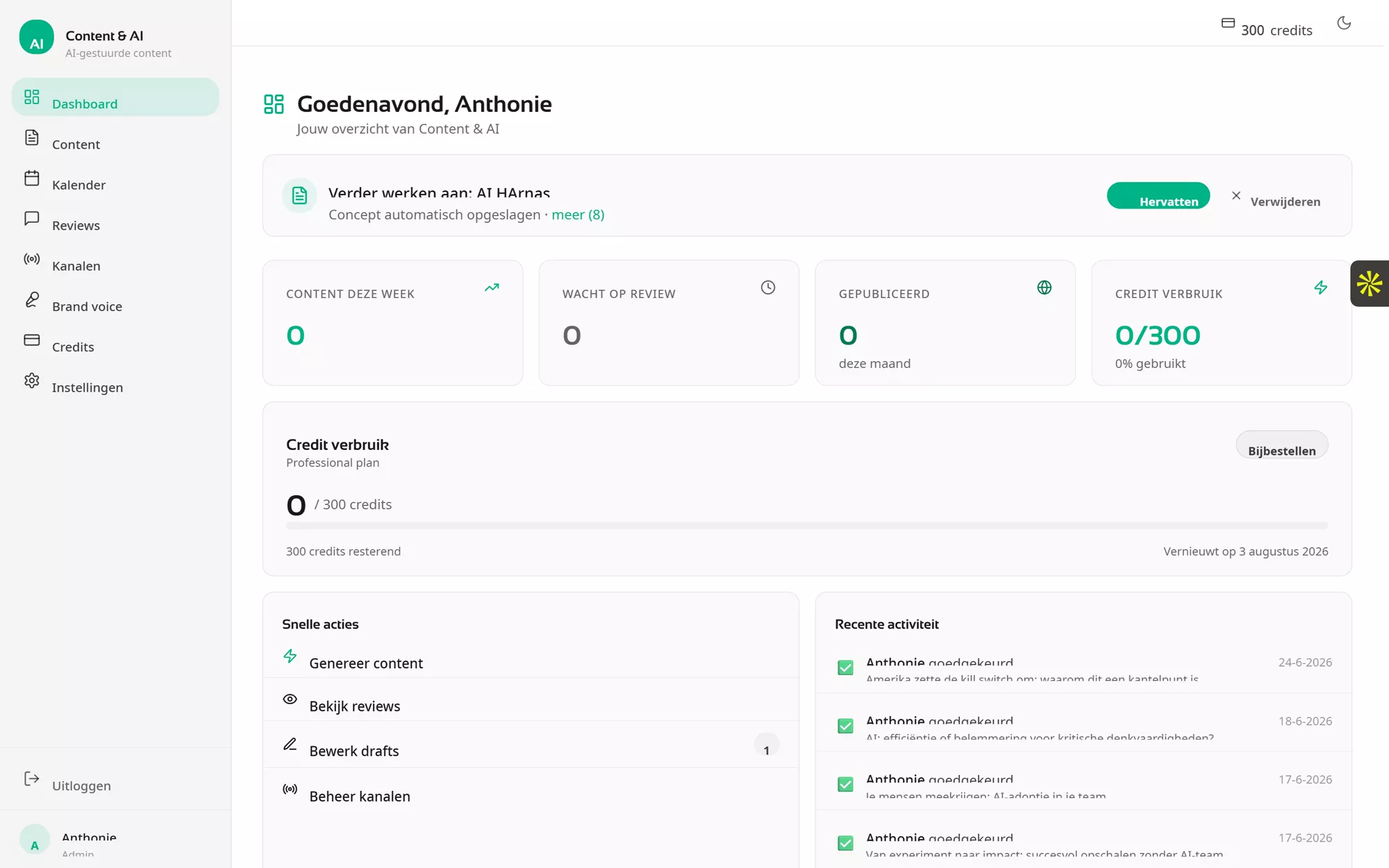 The Content & AI dashboard with a weekly overview and quick actions