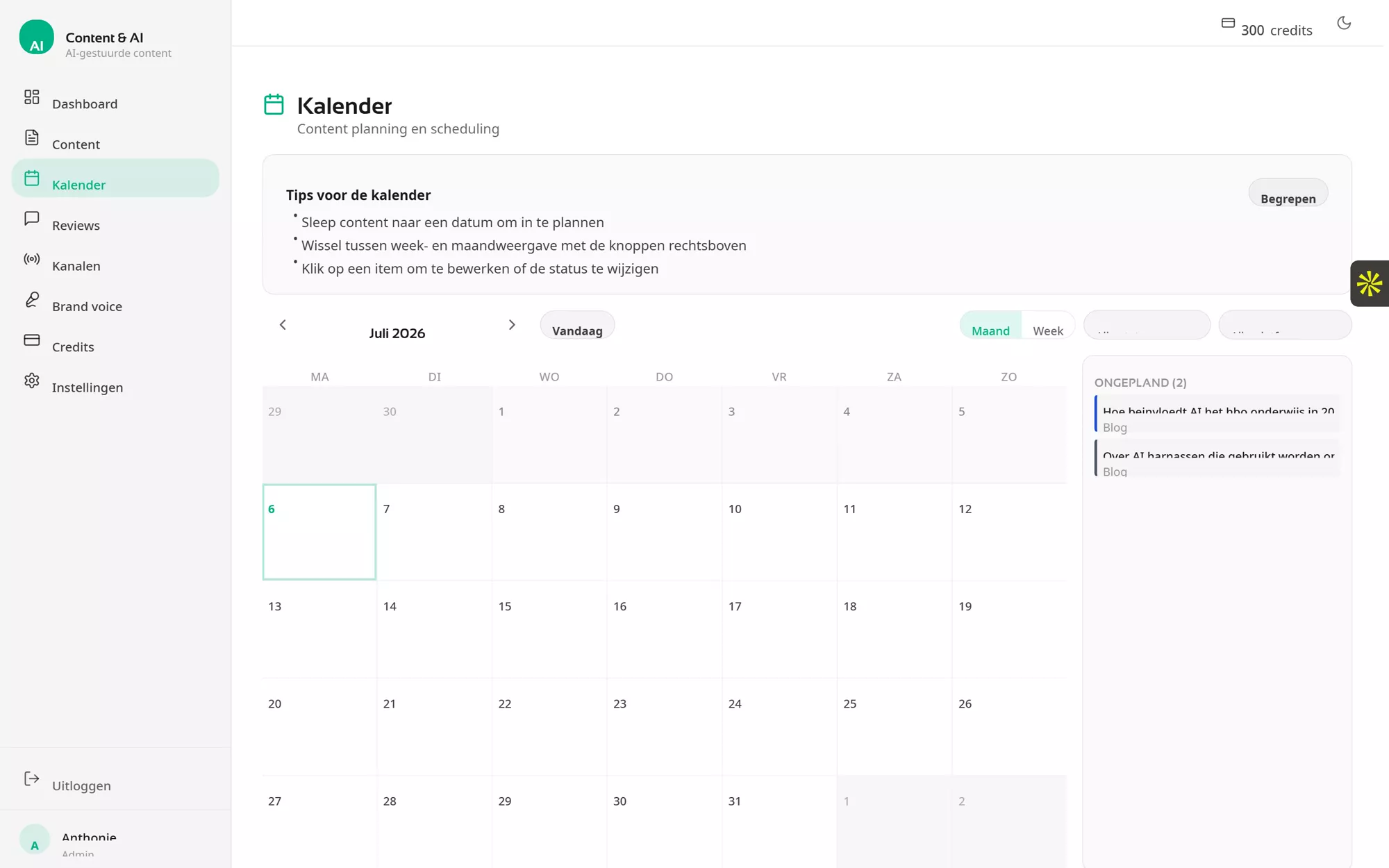 Content calendar with scheduled articles and posts