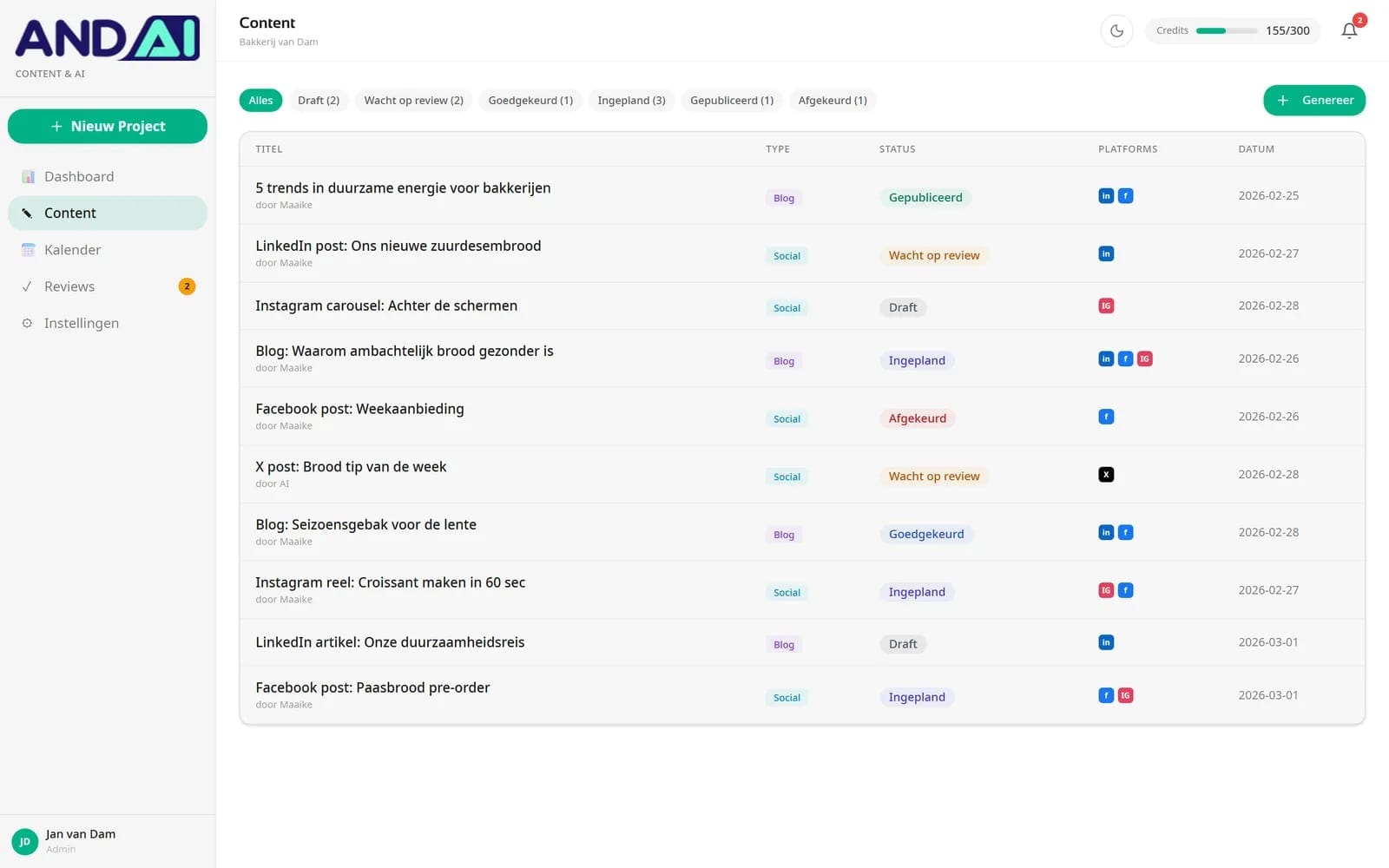 Contentoverzicht van Bakkerij van Dam met blogs en socialposts per status: draft, wacht op review, goedgekeurd en gepubliceerd.