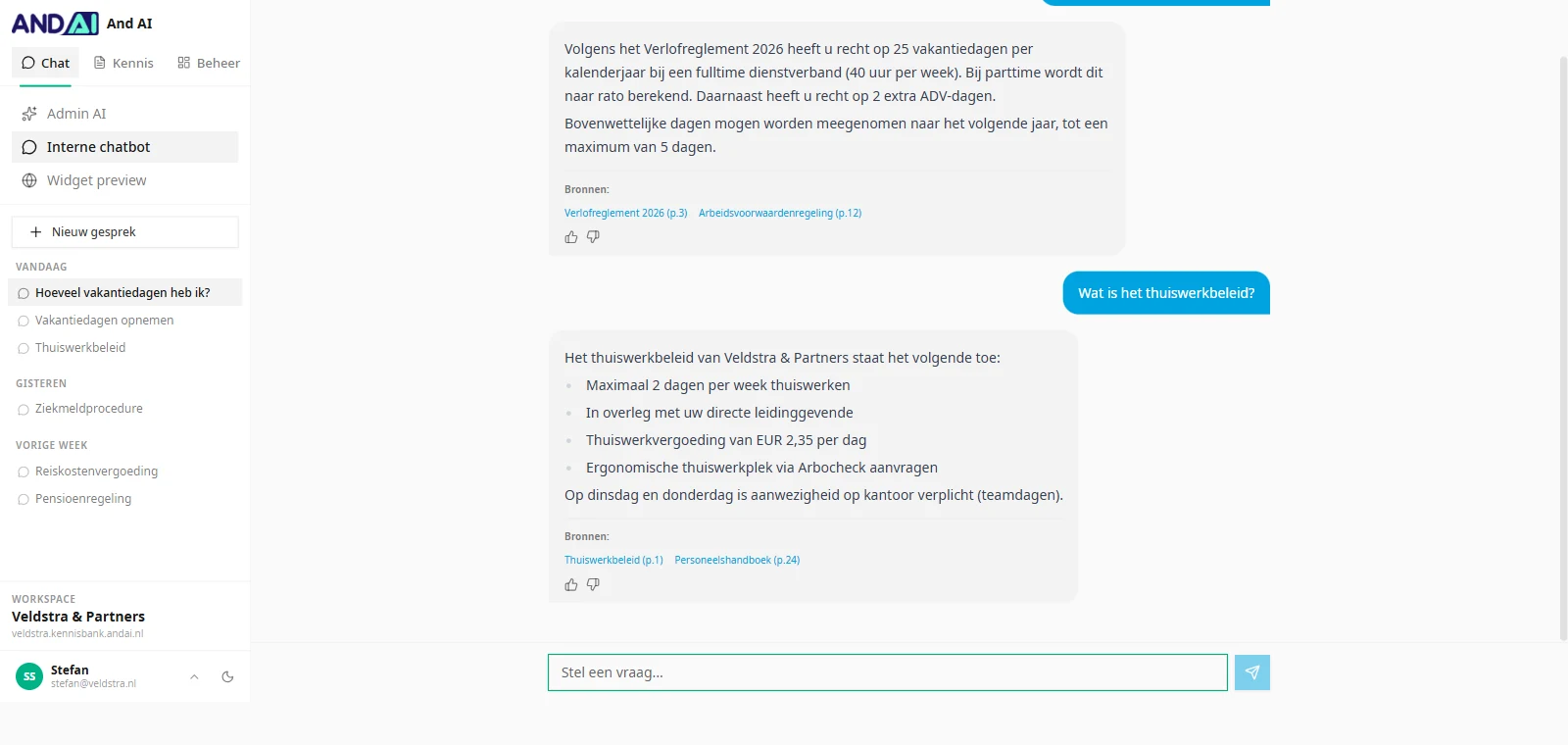 Chat thread with two questions about leave and remote working, each answer linking to the source policy and page number