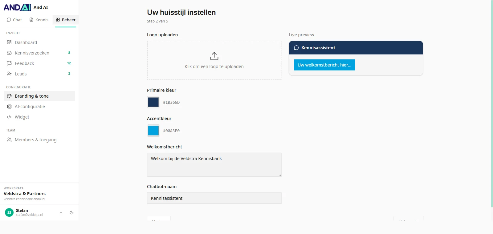 Branding settings screen with colour pickers, a welcome message and a live preview of the assistant