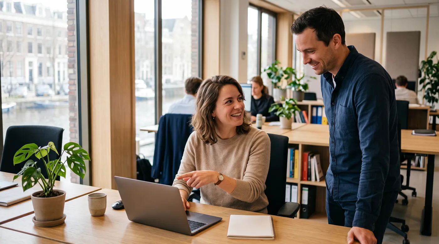 Two colleagues talking over a laptop in an office by the water