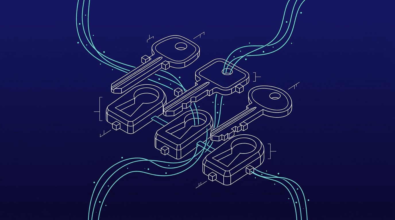 Three wireframe keys above three matching keyholes on a navy gradient with turquoise streams, in And AI style