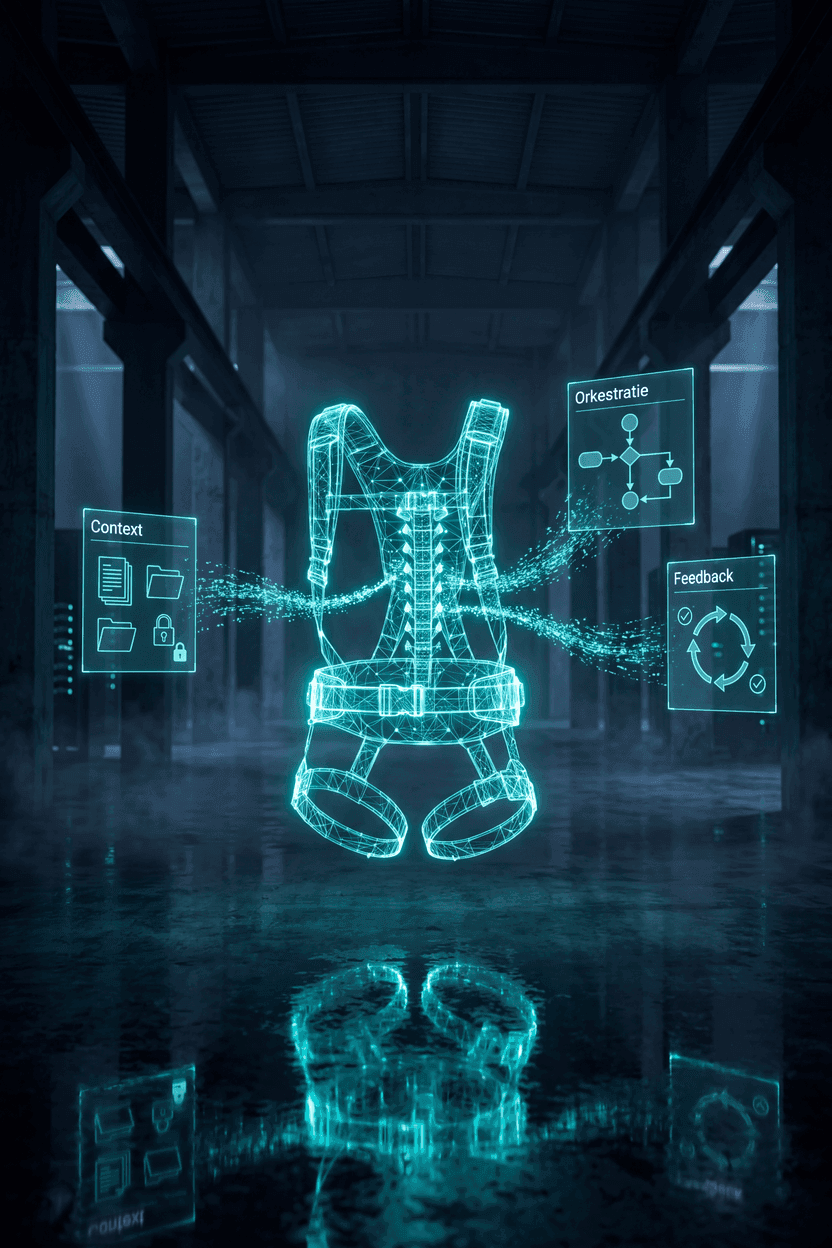 AI-harness orkestratie: holografische agents verbonden door lichtende stromen in een datacenter