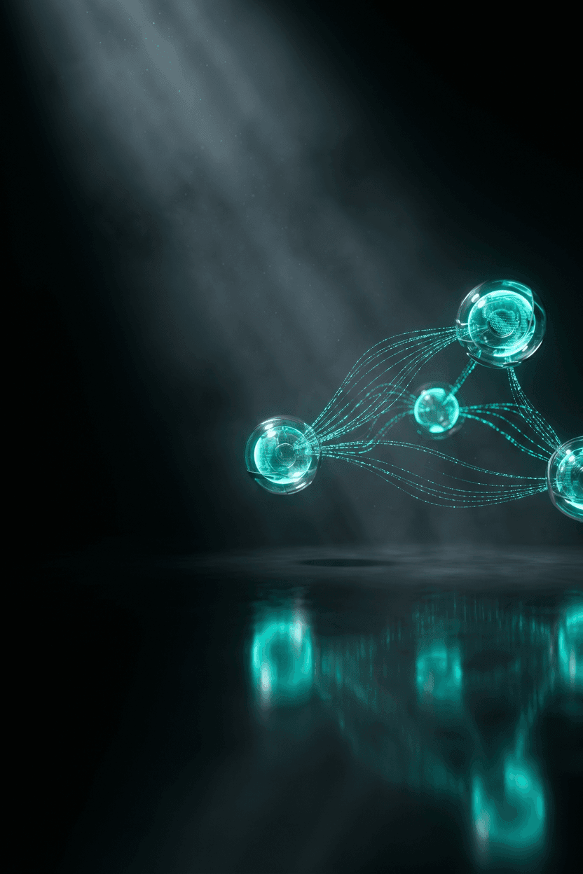 AI harness orchestration: holographic agents connected by glowing streams in a data center