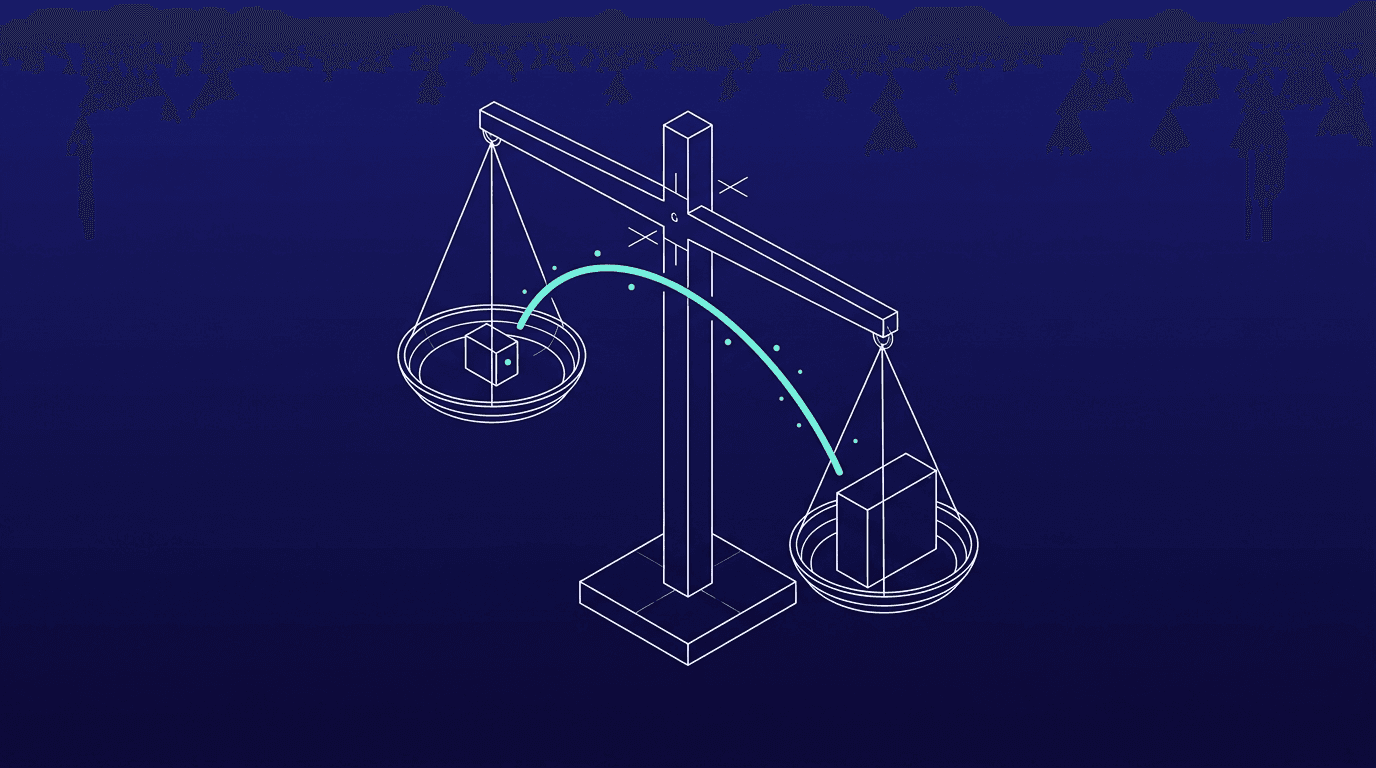 Wireframe balance scale weighing a process's impact against its feasibility.