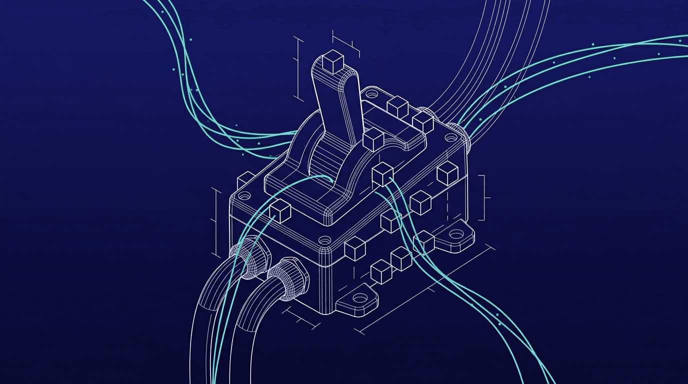 Wireframe drawing of an industrial kill switch on dark blue with turquoise flow lines