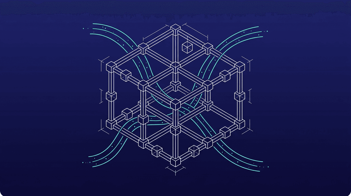 Wireframe-illustratie van een modulair AI-framework met turquoise verbindingen op donkerblauw