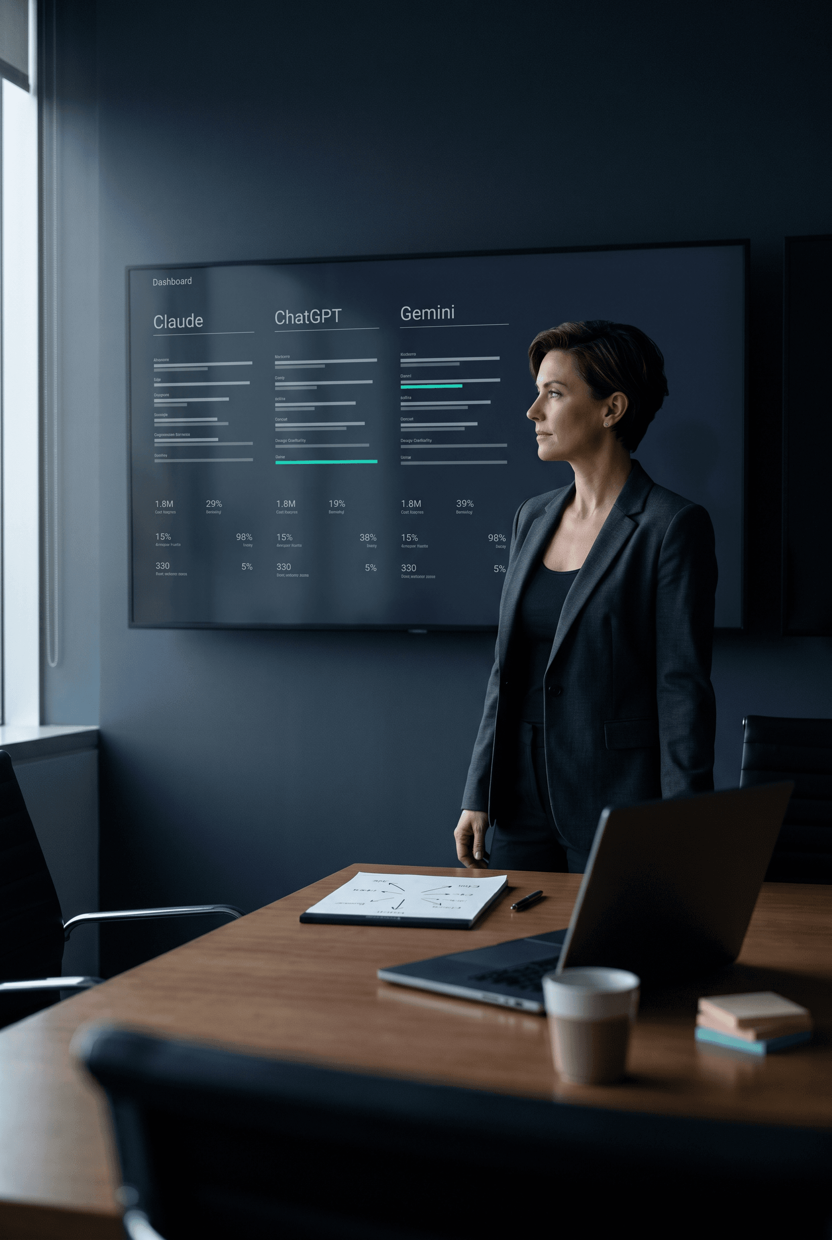 Manager studying AI dashboard with Claude, ChatGPT and Gemini in a modern boardroom