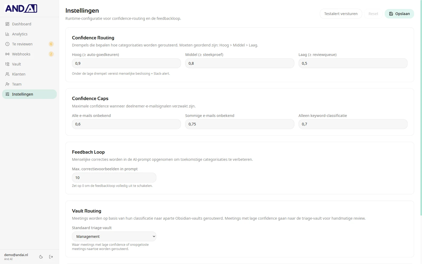 Settings screen with confidence routing thresholds, caps and the feedback loop