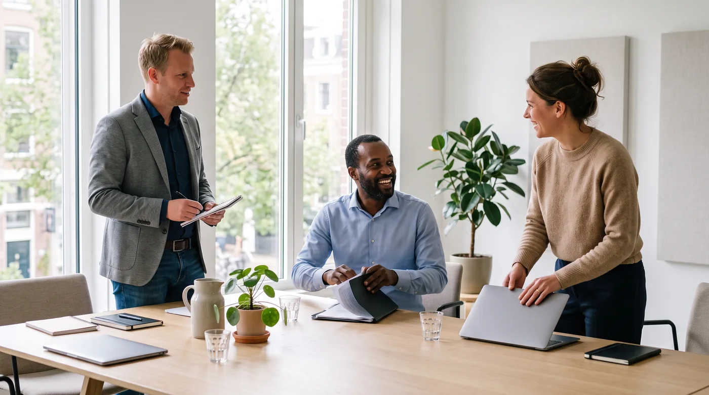 Three colleagues wrapping up a meeting at a boardroom table