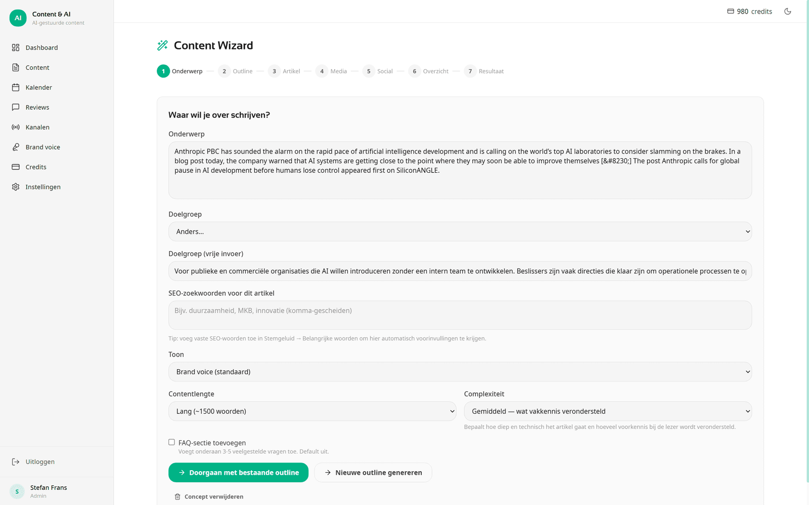 Content Wizard in Content AI, topic step: fields for topic, audience, SEO keywords, tone, content length and complexity