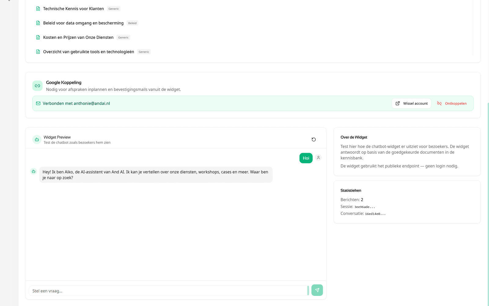 Customer support management screen: knowledge base documents, a Google connection for scheduling, and a live preview of the chatbot widget with Aiko