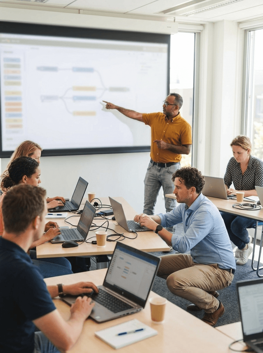 Stefan licht de AI-workflow op het grote scherm toe terwijl Anthonie een deelnemer helpt