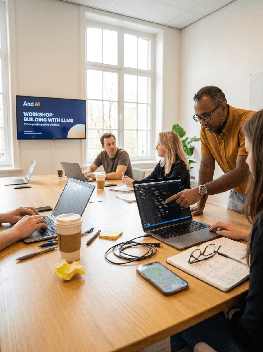 Hands-on Claude Code workshop met deelnemers achter laptops